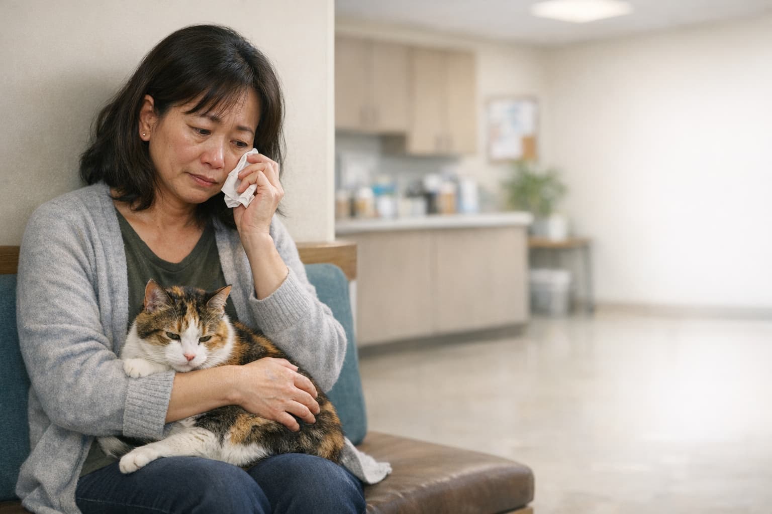 A worried pet owner holding Lucy, her cat